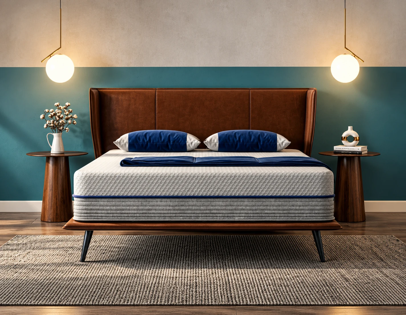 Brown leather headboard divan bed against a teal wall