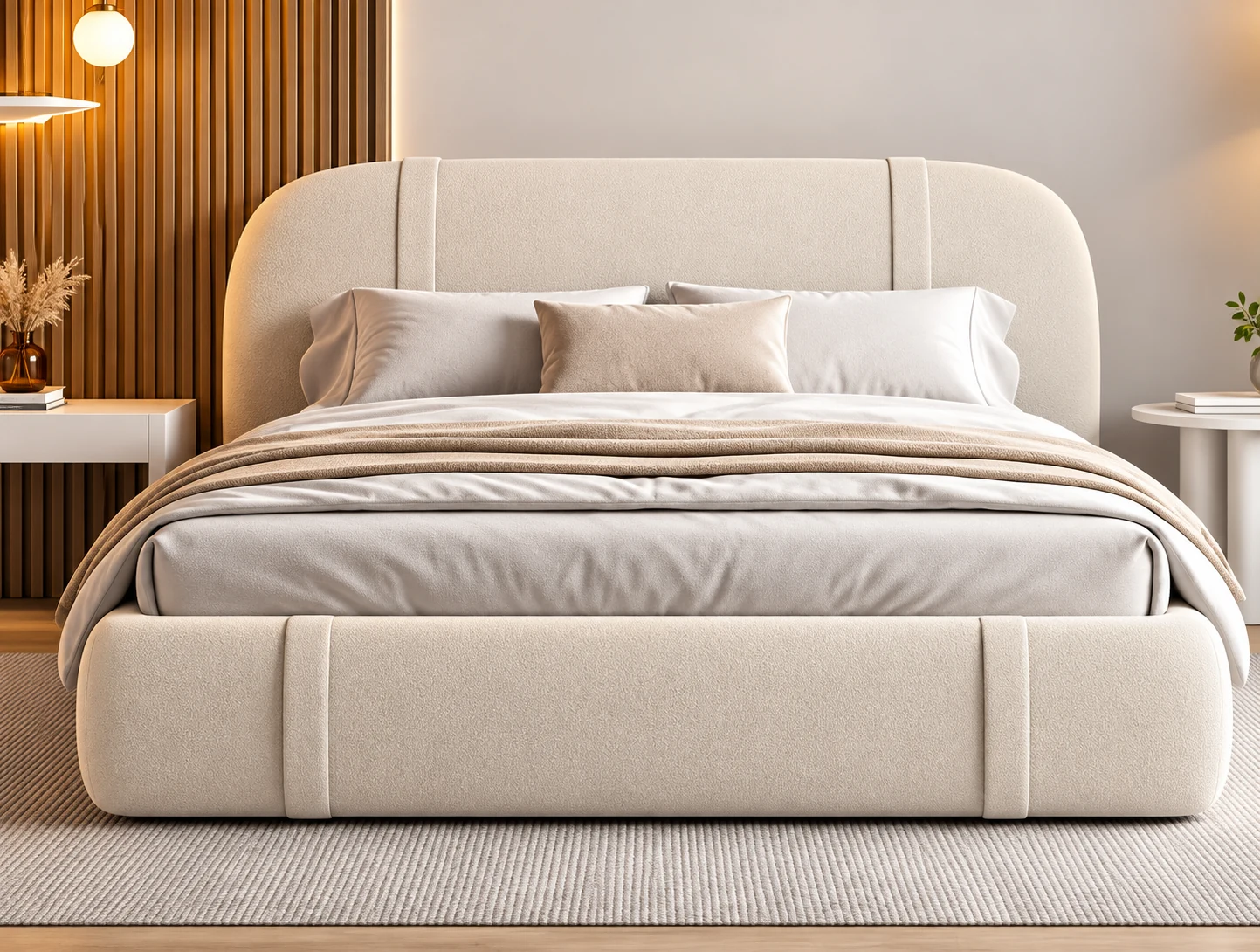 Cream boucle upholstered bed in a modern bedroom