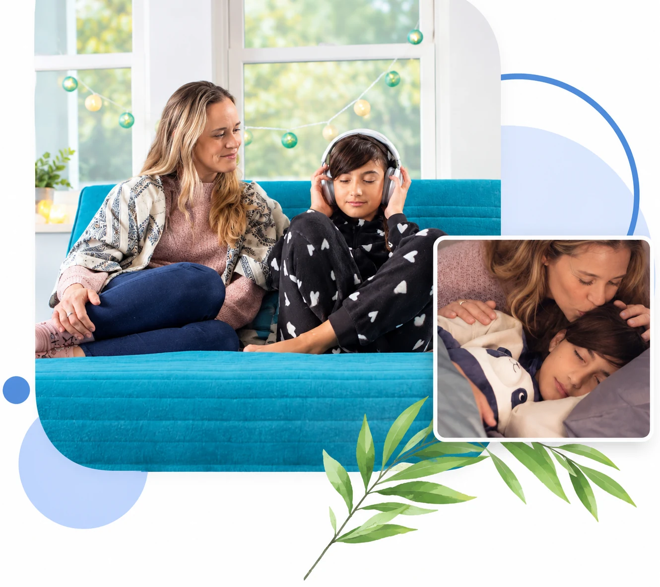 Mother and child relaxing on a teal sofa